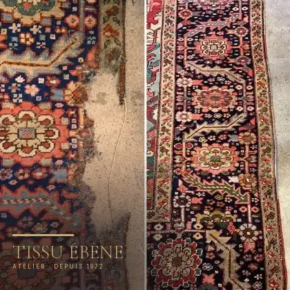 Avant et après : bordure de tapis rongée par les mites, puis retissée à la laine