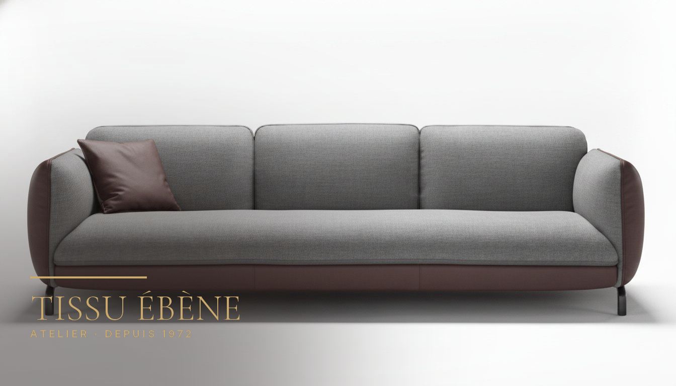 Canap&eacute; trois places contemporain, assise en tissu gris chin&eacute; et structure en cuir bordeaux