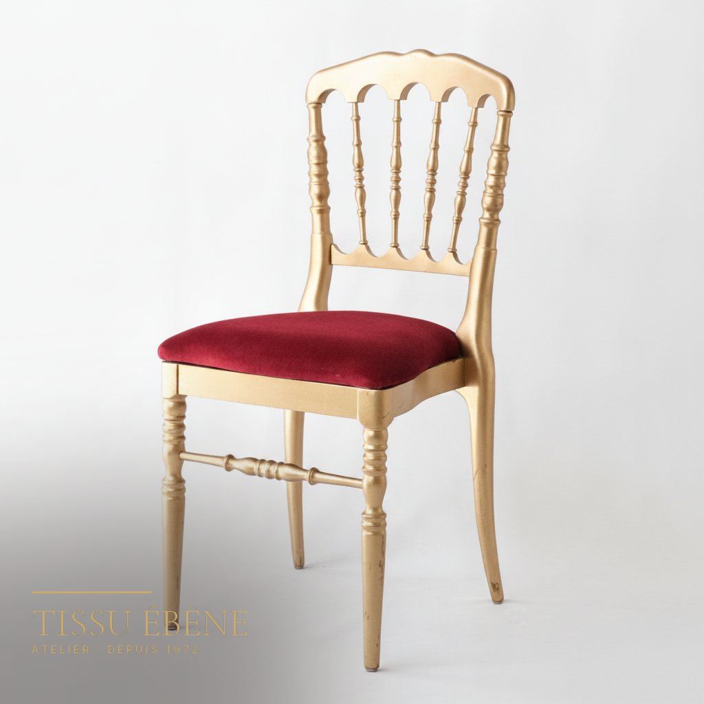 Chaise Napol&eacute;on III dor&eacute;e &agrave; barreaux tourn&eacute;s, assise en velours rouge, fond blanc