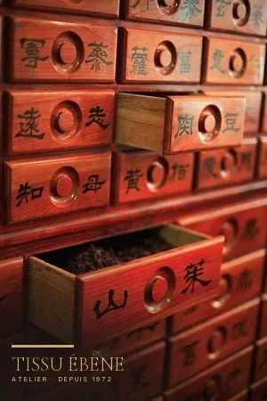Coffre d&rsquo;apothicaire asiatique laqu&eacute; rouge