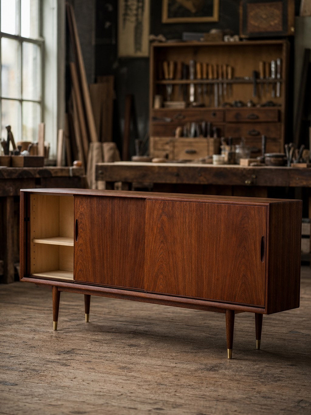 Enfilade scandinave en teck massif, finition huil&eacute;e satin&eacute;e, poign&eacute;es sculpt&eacute;es