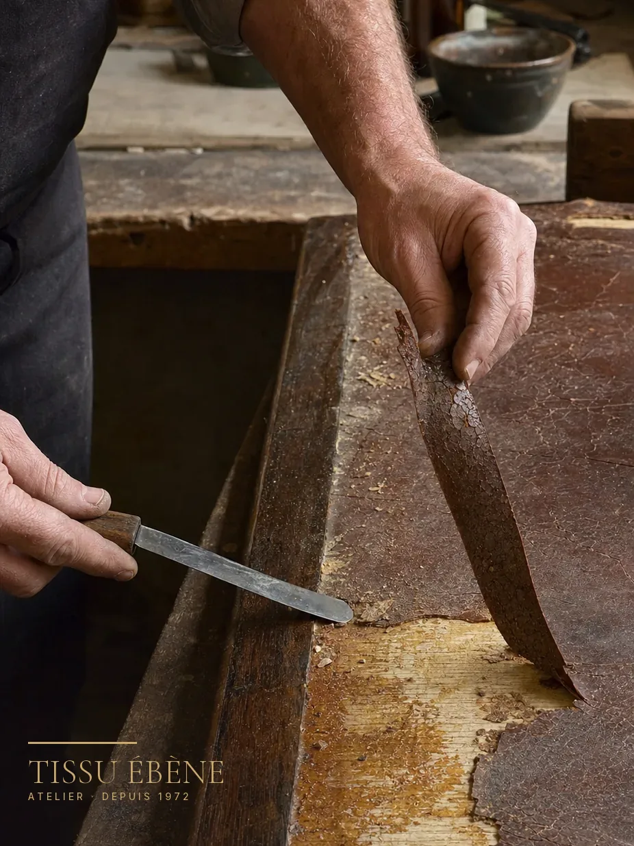 Dépose du cuir ancien d'un plateau de bureau, ancienne colle animale apparente