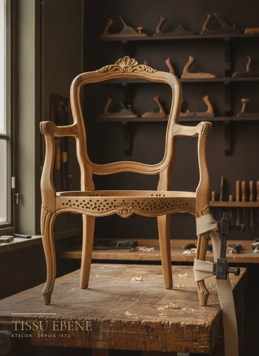 Carcasse de fauteuil cabriolet Louis XV dégarnie, assemblage recollé et sanglé