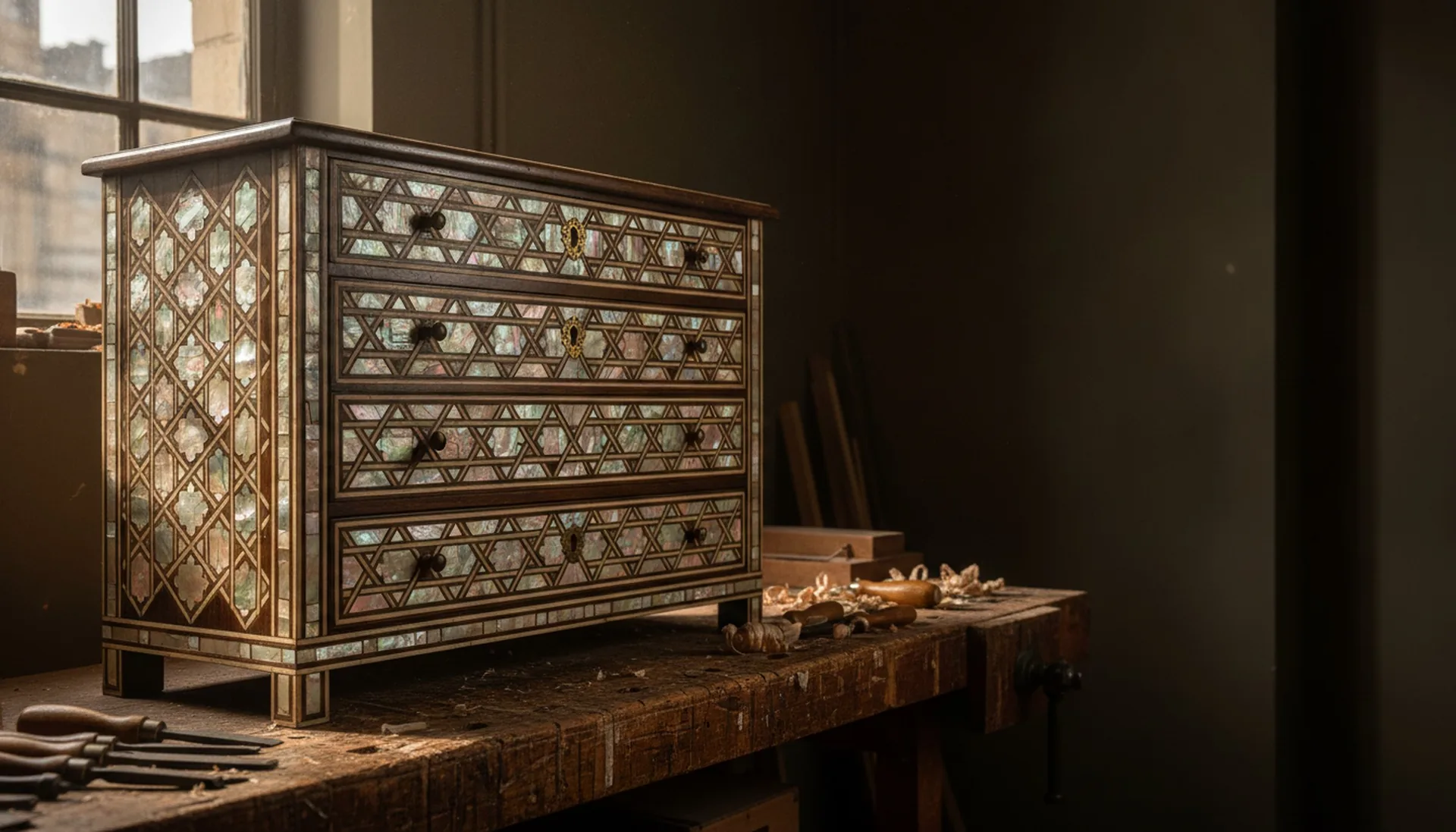Commode à quatre tiroirs incrustée de nacre à motifs géométriques, posée sur un établi d’atelier