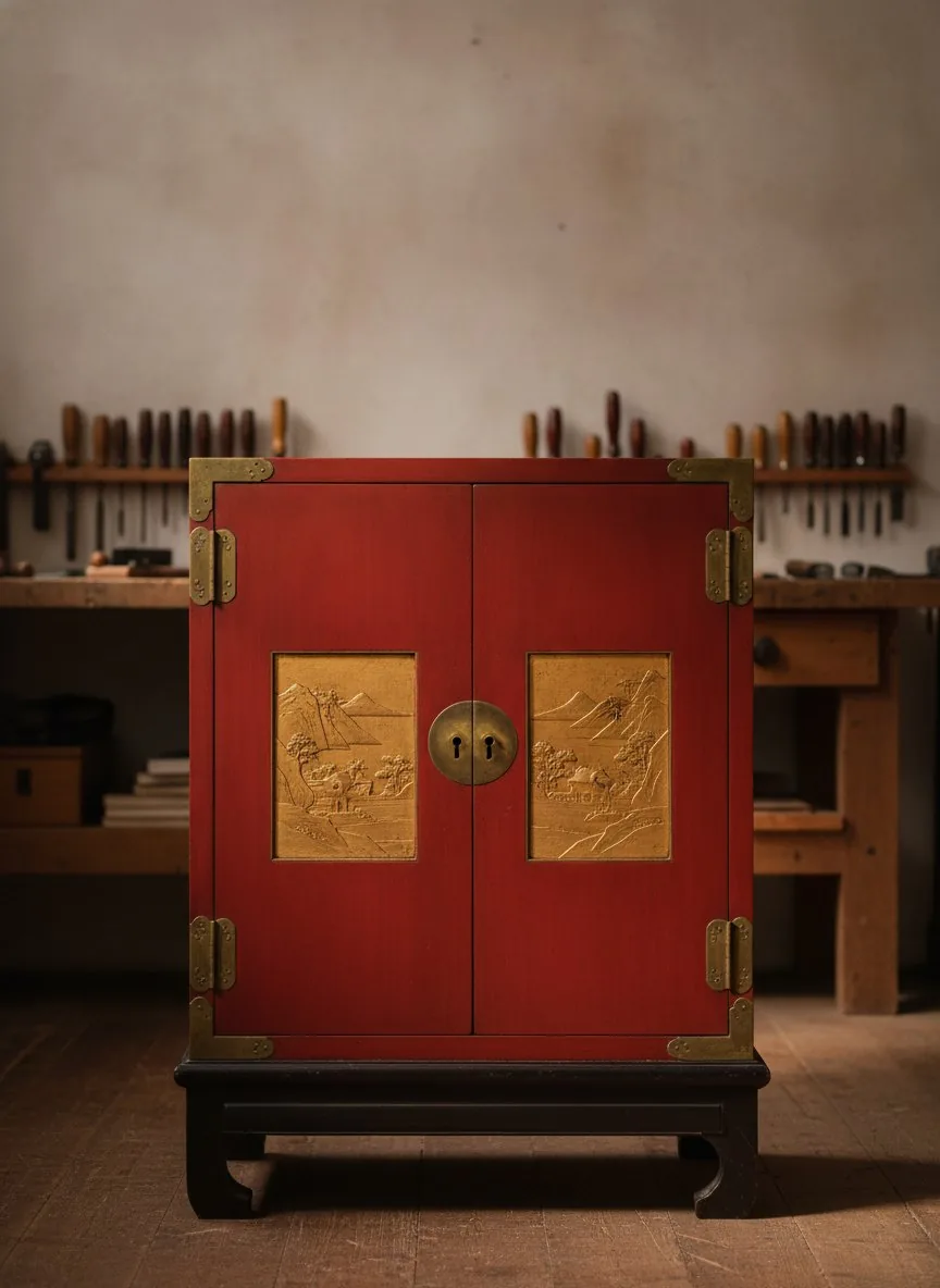 Cabinet chinois en laque cinabre restaur&eacute;, panneaux sculpt&eacute;s et dor&eacute;s