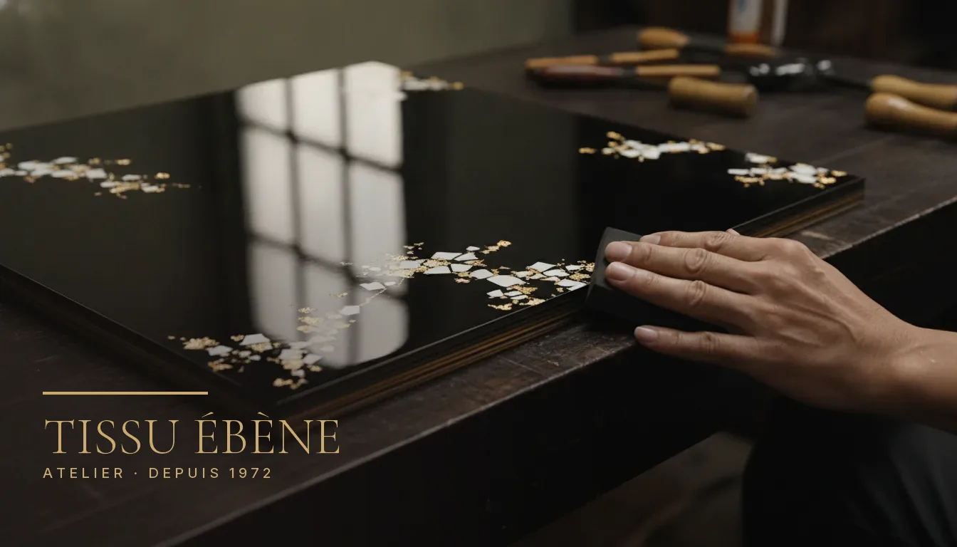 Panneau de laque vietnamienne son m&agrave;i, incrustation de coquille d&rsquo;&oelig;uf et feuille d&rsquo;or