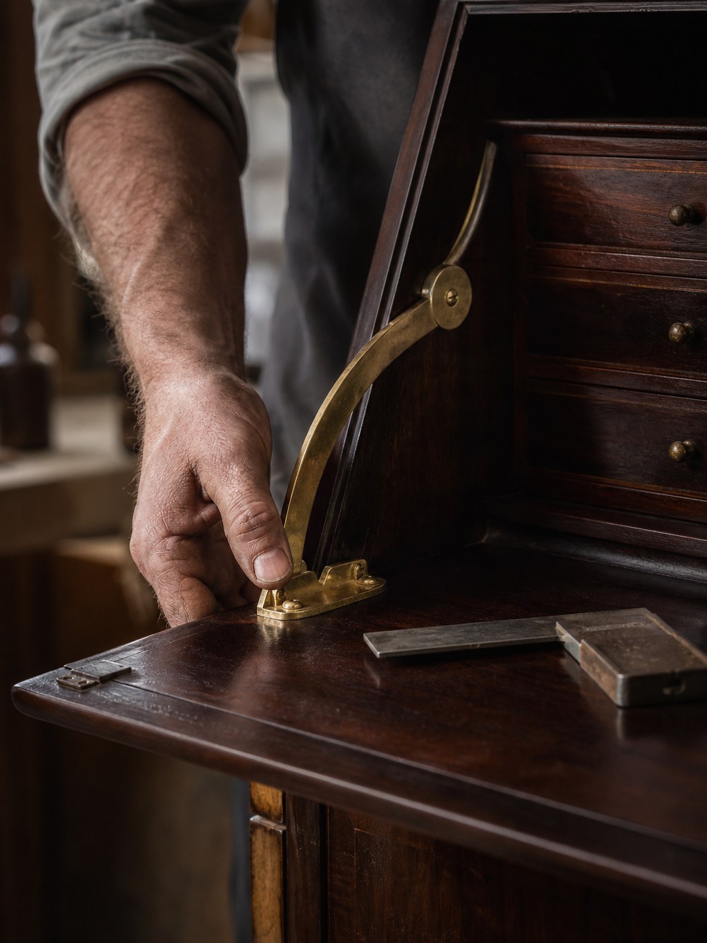 R&eacute;glage du compas laiton d&rsquo;un abattant de secr&eacute;taire ancien