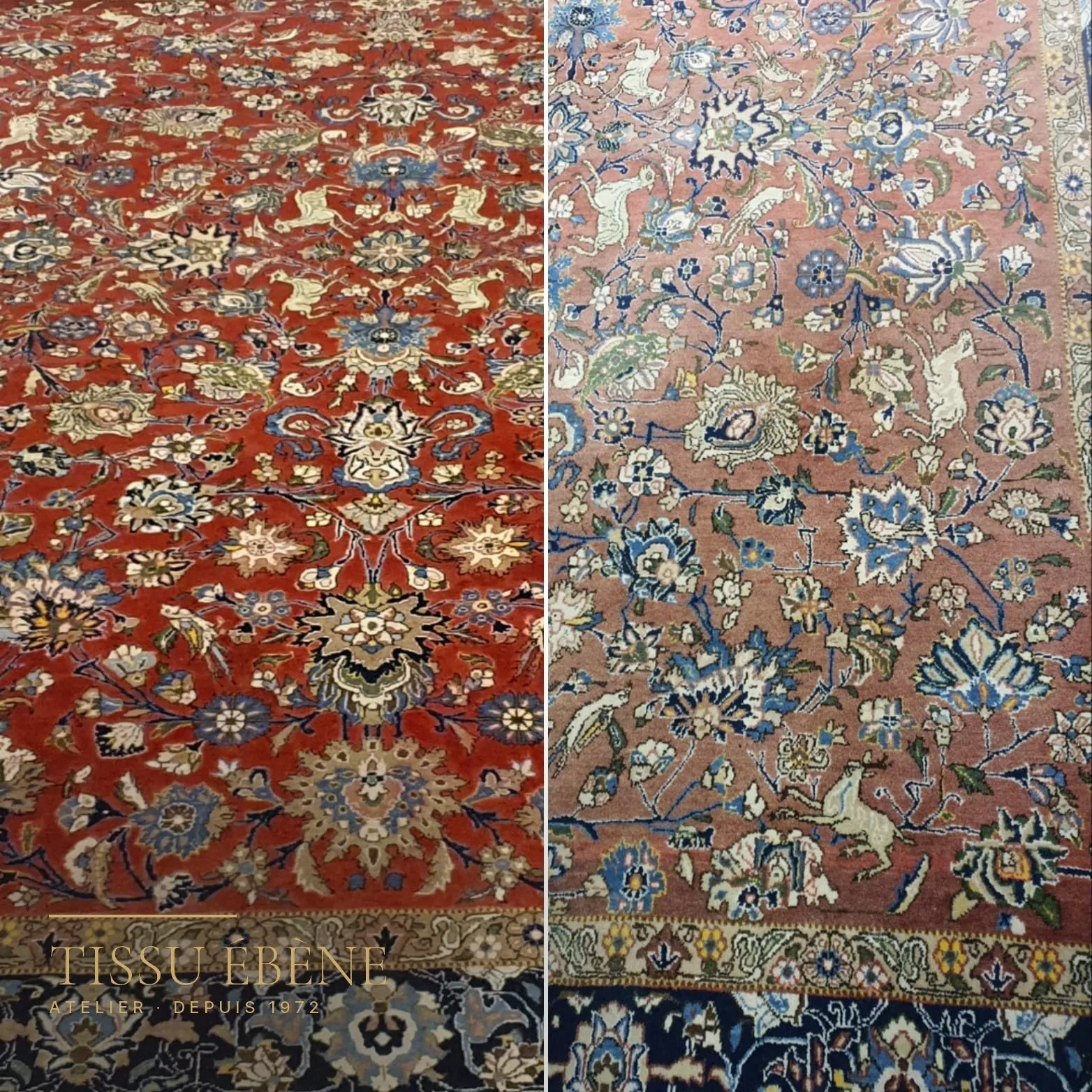 Restauration des couleurs d&rsquo;un tapis&nbsp;: le m&ecirc;me tapis, teintes raviv&eacute;es d&rsquo;un c&ocirc;t&eacute;, champ d&eacute;lav&eacute; de l&rsquo;autre