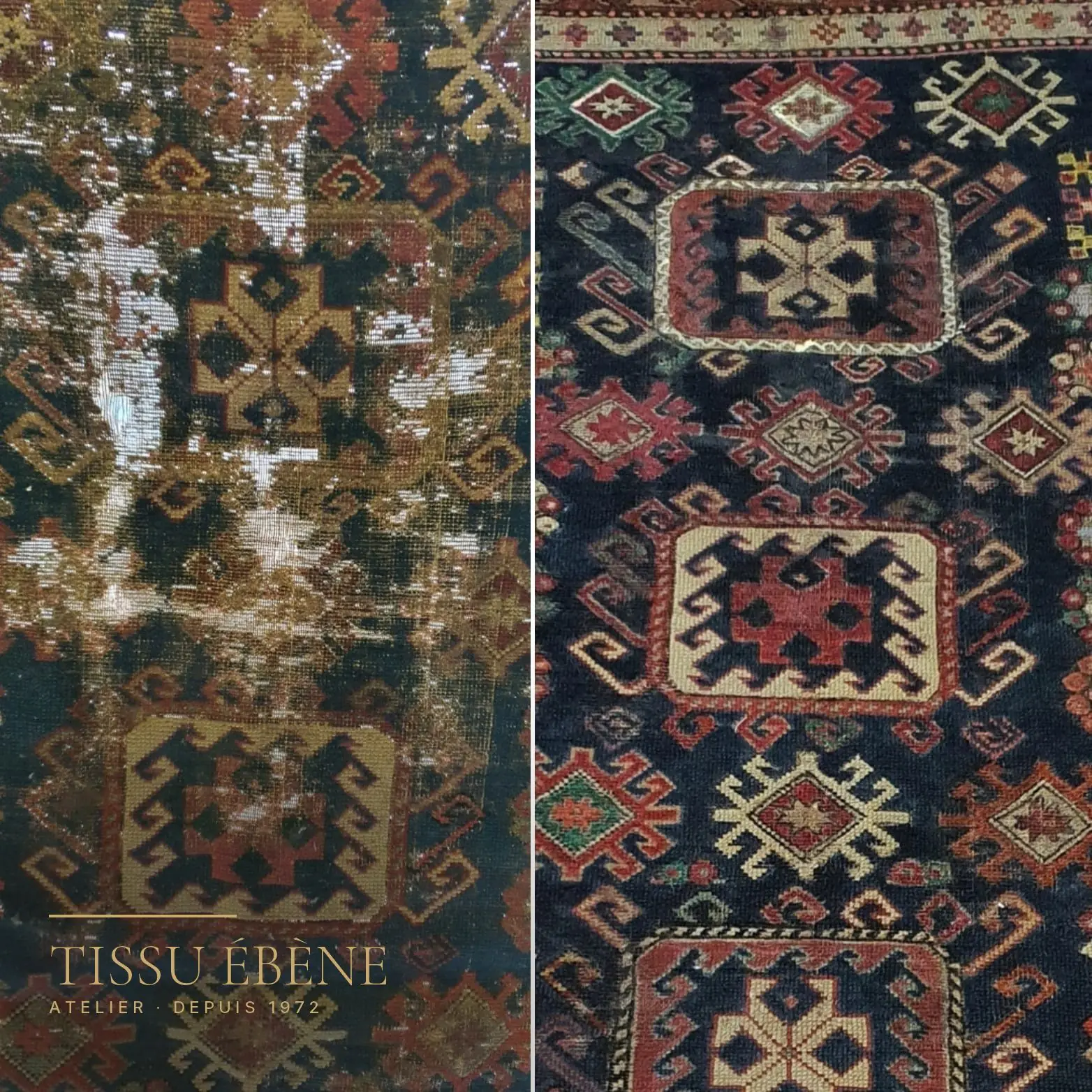 Restauration de kilim&nbsp;: le m&ecirc;me tissage, zones us&eacute;es d&rsquo;un c&ocirc;t&eacute;, trame reprise et couleurs retrouv&eacute;es de l&rsquo;autre