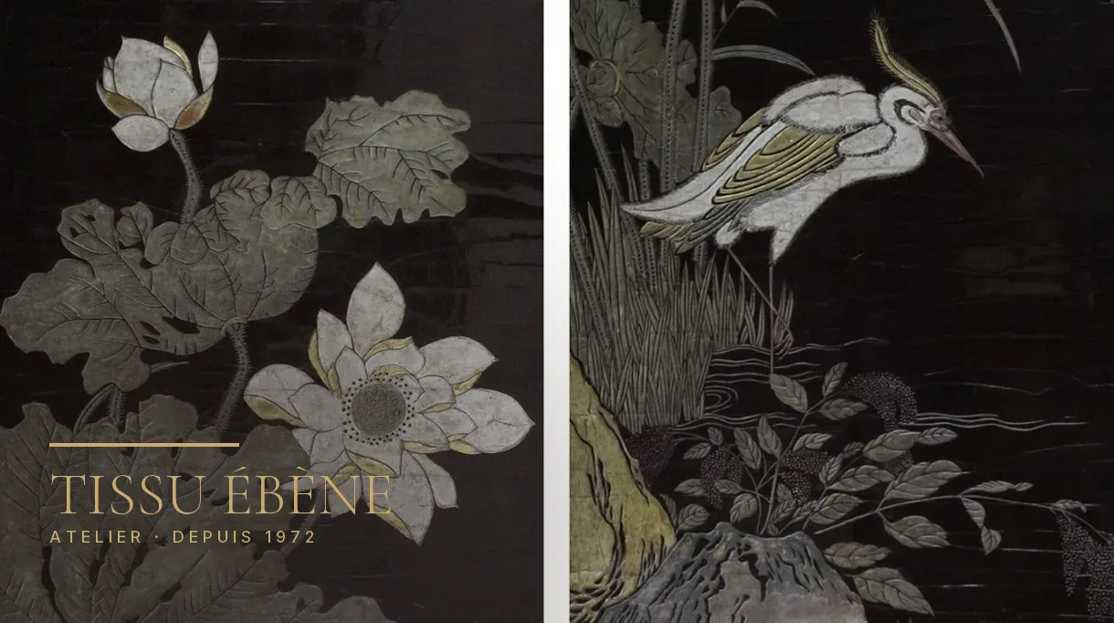 Incrustations de nacre sur laque noire, d&eacute;cor de lotus et h&eacute;ron